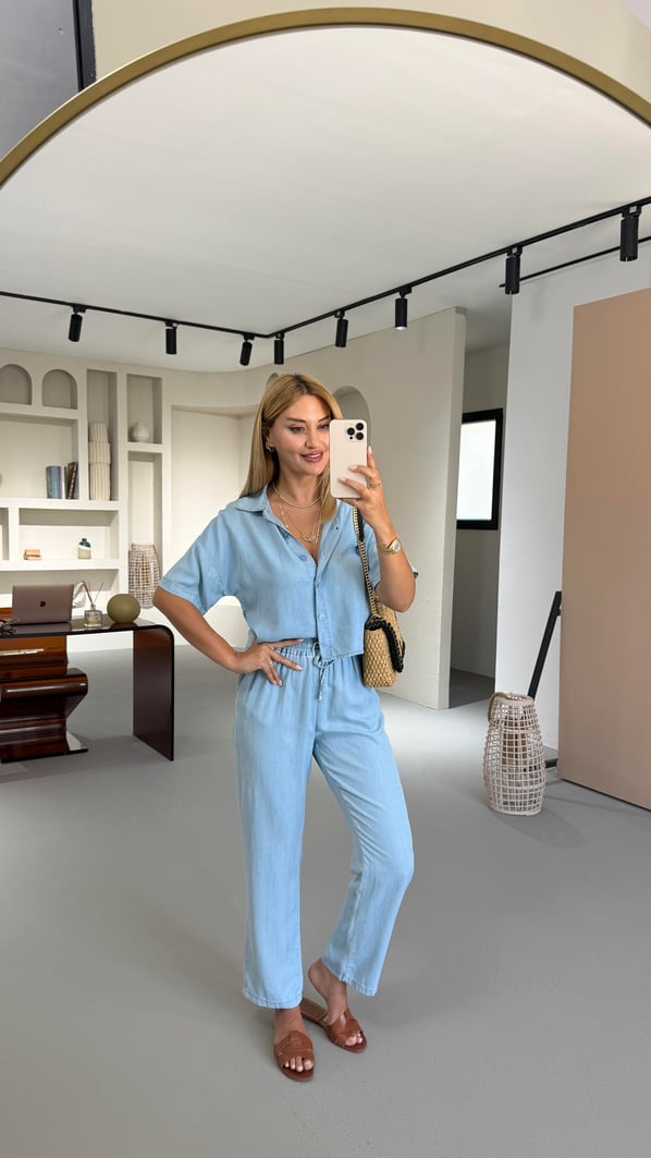 Buz Mavi Pantolon Gömlek Tensel Denim Takım