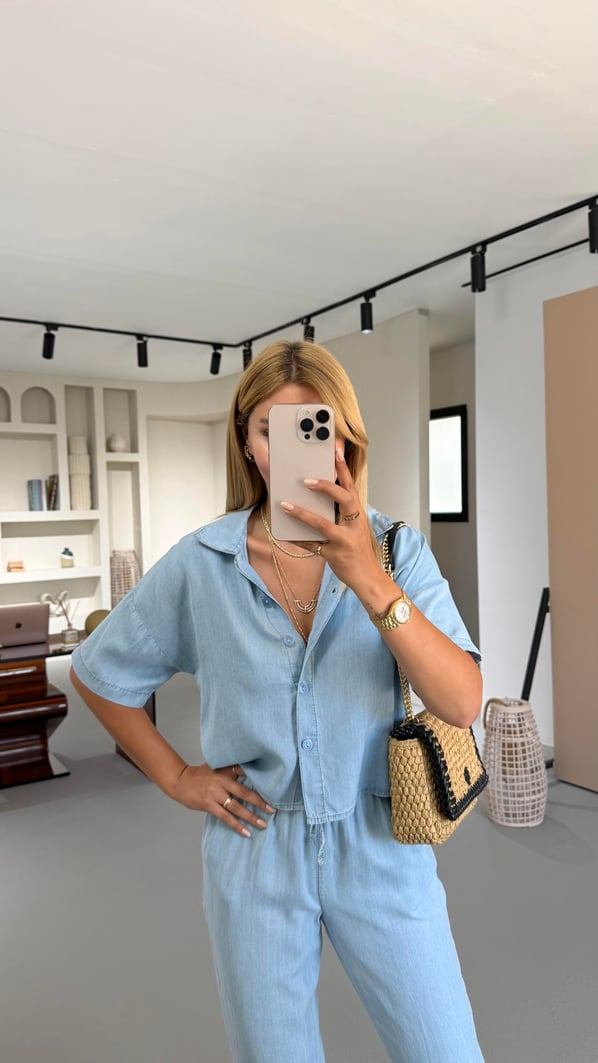 Buz Mavi Pantolon Gömlek Tensel Denim Takım