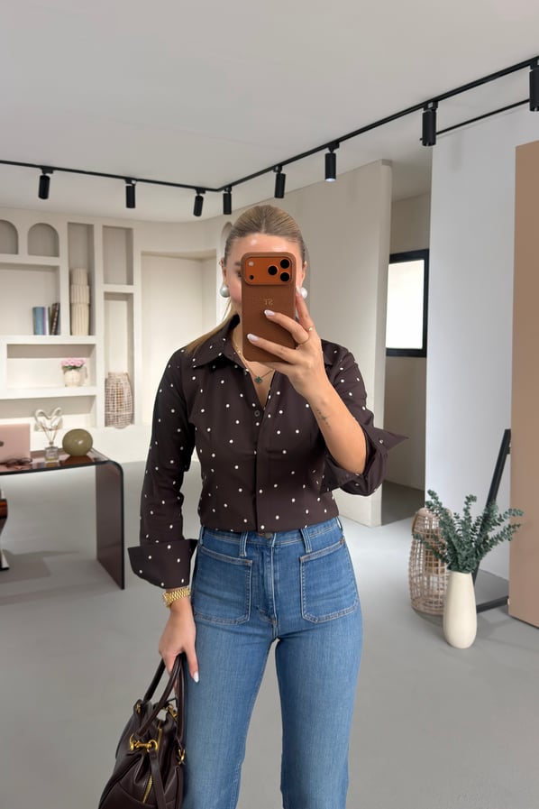 Puantiyeli Kahve Slim Fit Gömlek