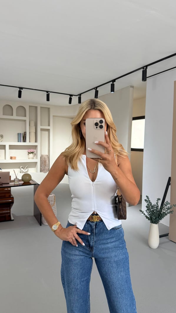 Çift Fermuar Detay Beyaz Bluz