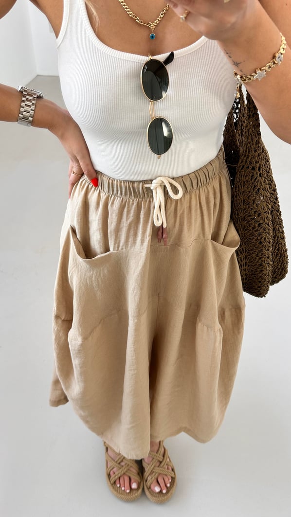 Camel Keten Şalvar Pantolon