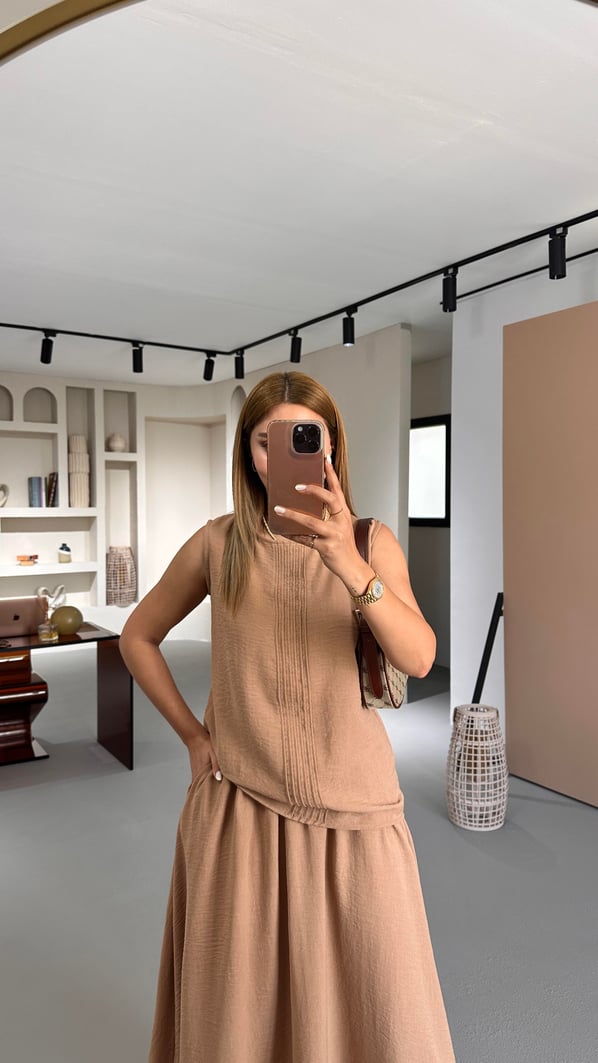 Çan Etek Kolsuz Bluz Camel Keten Takım