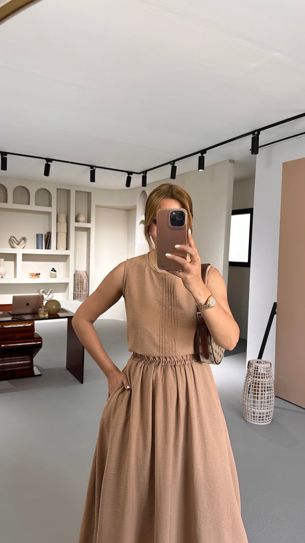 Çan Etek Kolsuz Bluz Camel Keten Takım