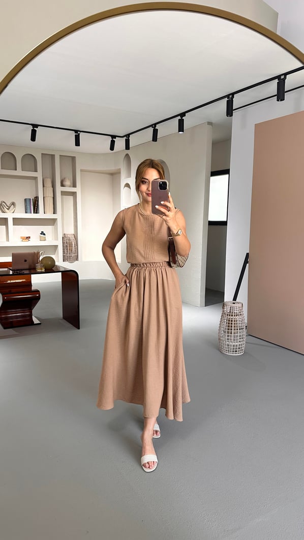 Çan Etek Kolsuz Bluz Camel Keten Takım
