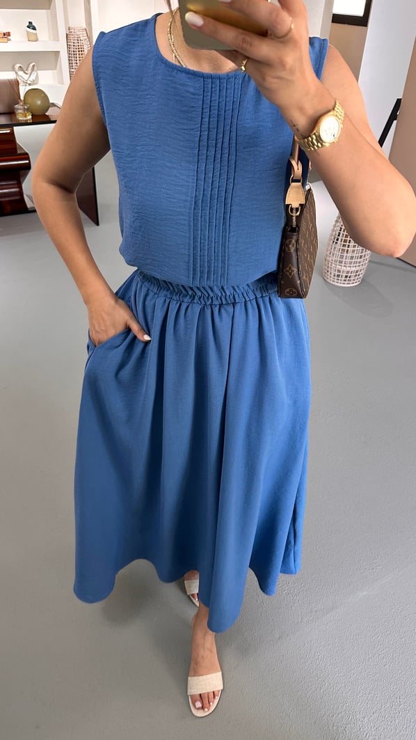 Çan Etek Kolsuz Bluz Indigo Keten Takım