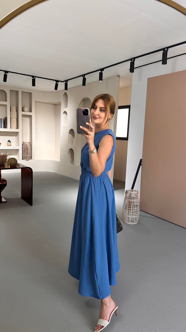 Çan Etek Kolsuz Bluz Indigo Keten Takım