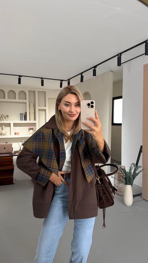 Ekose Astarlı Şal Detay Kahve Oversize Trenç