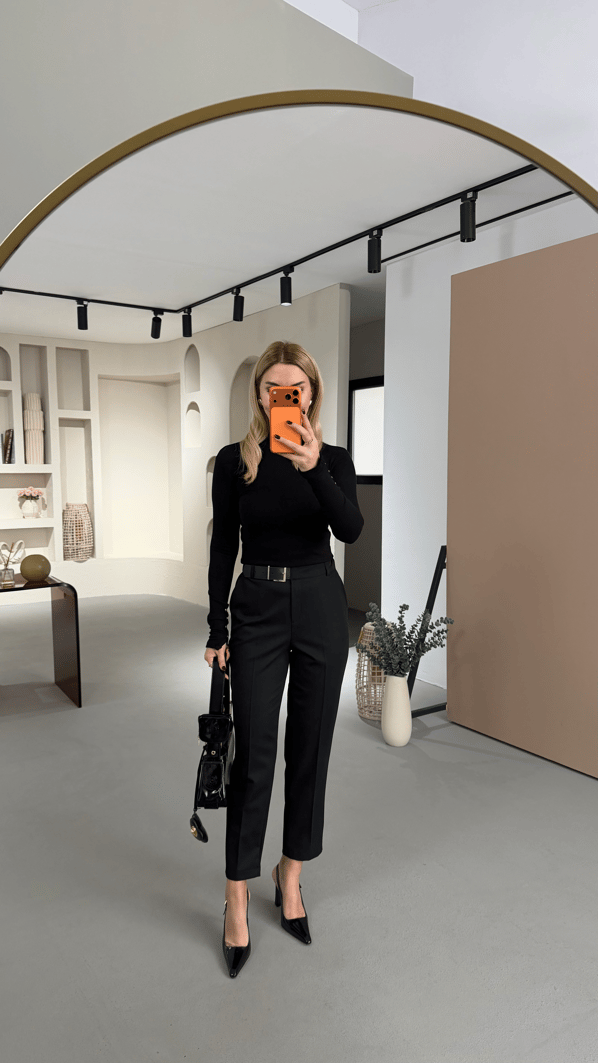 Kemer Detay Bel Lastikli Siyah Cigarette Pantolon