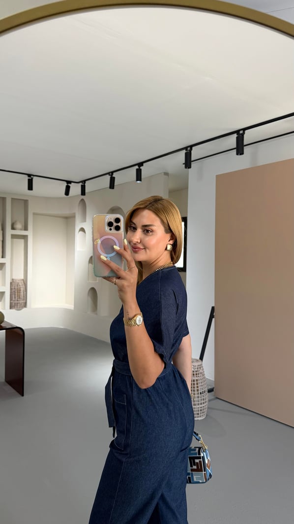 Cep Detay Bel Lastikli Denim Tulum