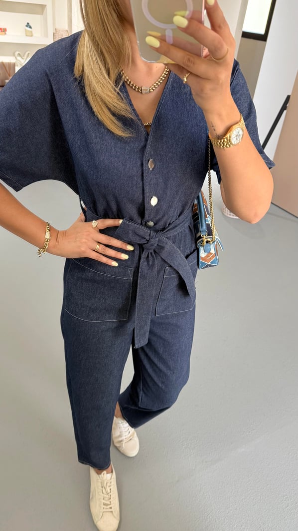 Cep Detay Bel Lastikli Denim Tulum