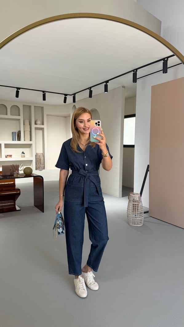 Cep Detay Bel Lastikli Denim Tulum