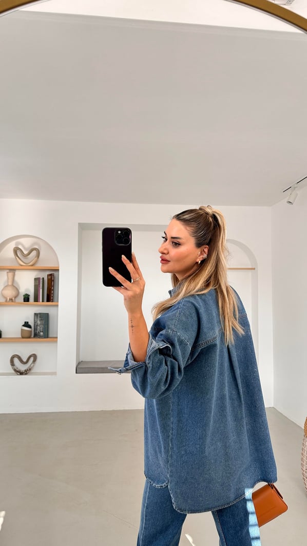 Cep Detay Boyfriend Simli Denim Ceket