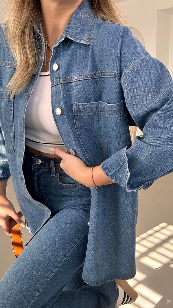 Cep Detay Boyfriend Simli Denim Ceket