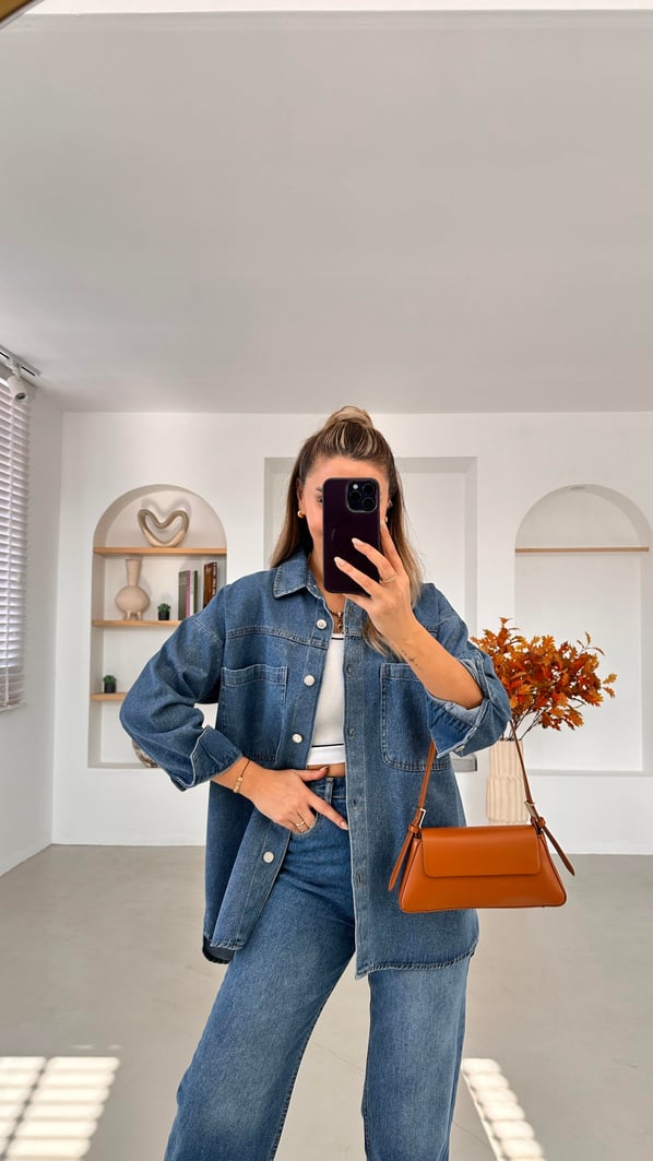 Cep Detay Boyfriend Simli Denim Ceket
