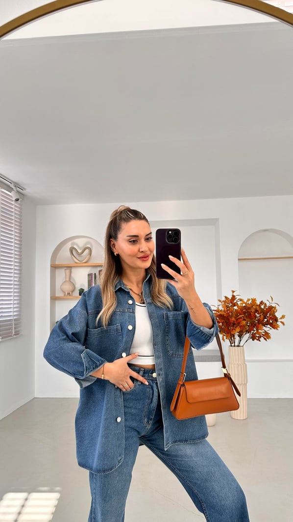 Cep Detay Boyfriend Simli Denim Ceket