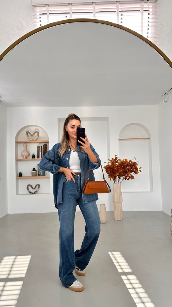 Cep Detay Boyfriend Simli Denim Ceket