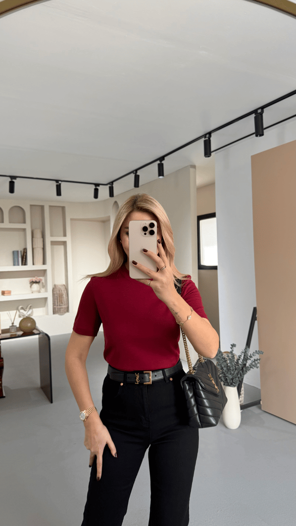 Premium Seri Bisiklet Yaka Pamuklu Bordo Basic Tshirt