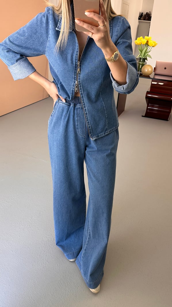 Çift Fermuar Detay Gömlek Bol Pantolon Denim Takım