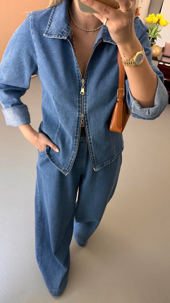 Çift Fermuar Detay Gömlek Bol Pantolon Denim Takım