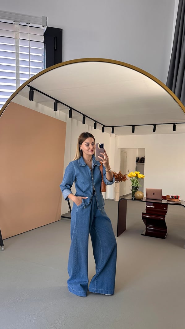 Çift Fermuar Detay Gömlek Bol Pantolon Denim Takım