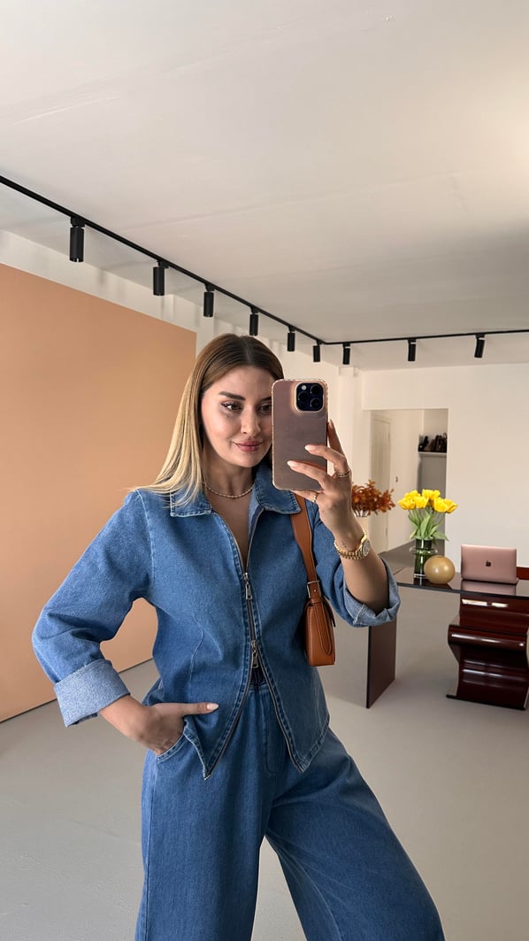 Çift Fermuar Detay Gömlek Bol Pantolon Denim Takım