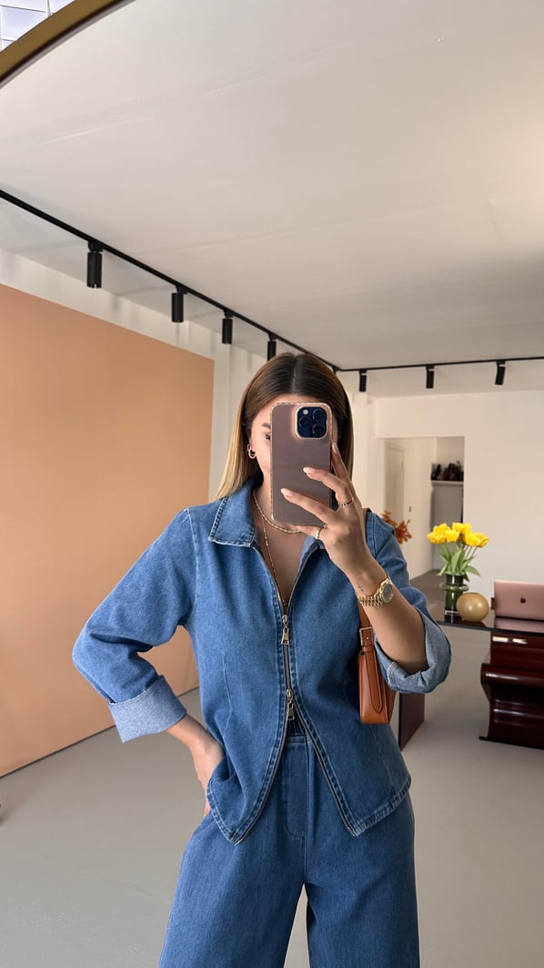 Çift Fermuar Detay Gömlek Bol Pantolon Denim Takım