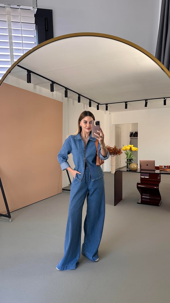 Çift Fermuar Detay Gömlek Bol Pantolon Denim Takım