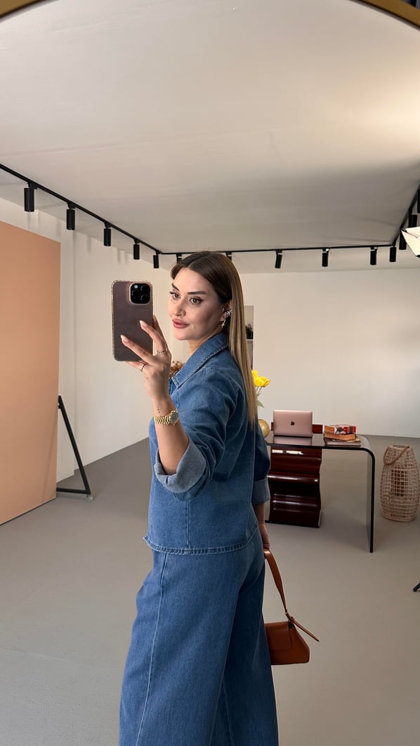 Çift Fermuar Detay Gömlek Bol Pantolon Denim Takım