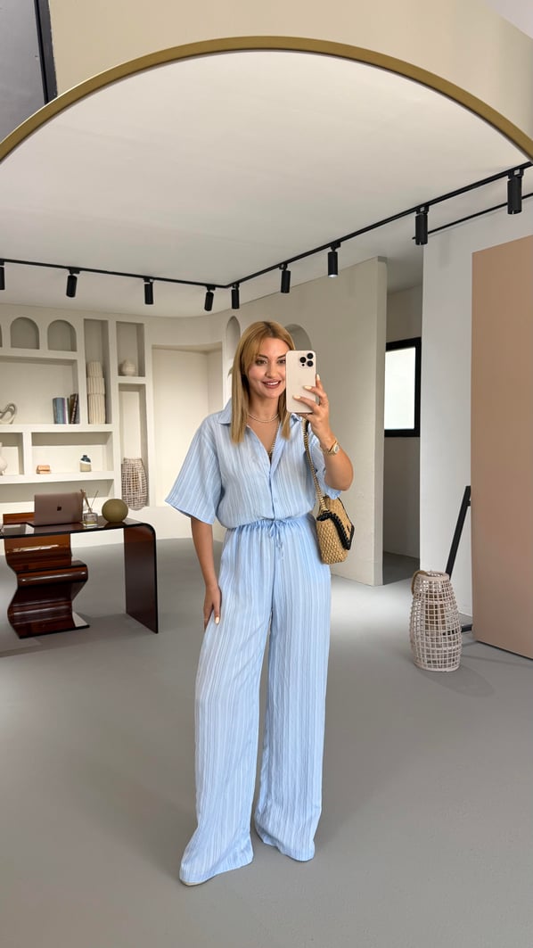 Çizgili Gömlek Pantolon Bebe Mavi Vual Takım