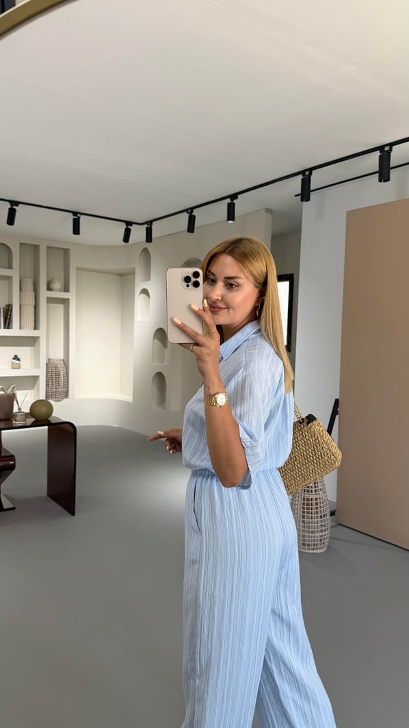 Çizgili Gömlek Pantolon Bebe Mavi Vual Takım