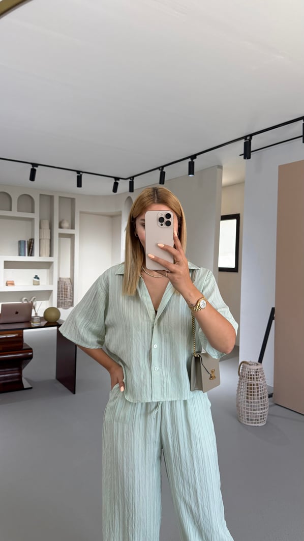 Çizgili Gömlek Pantolon Mint Vual Takım