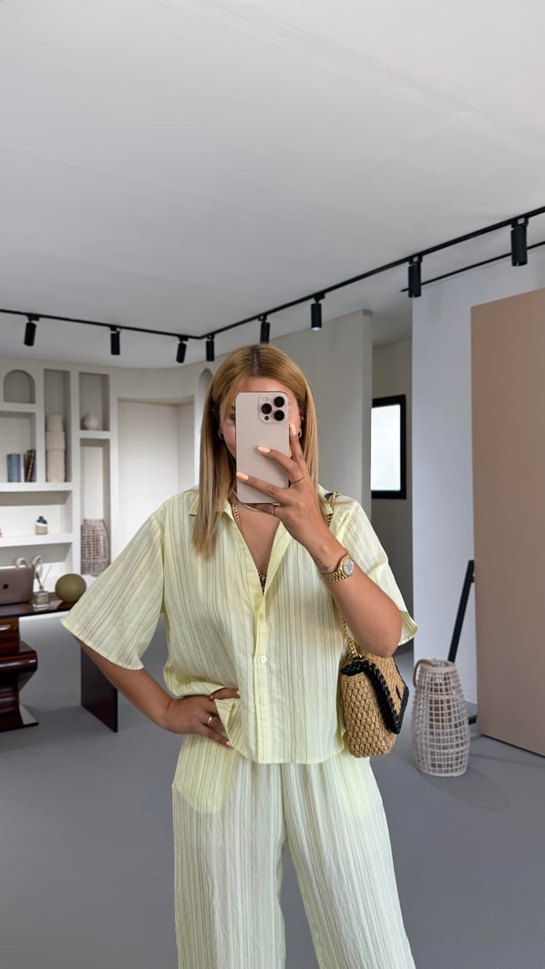 Çizgili Gömlek Pantolon Sarı Vual Takım