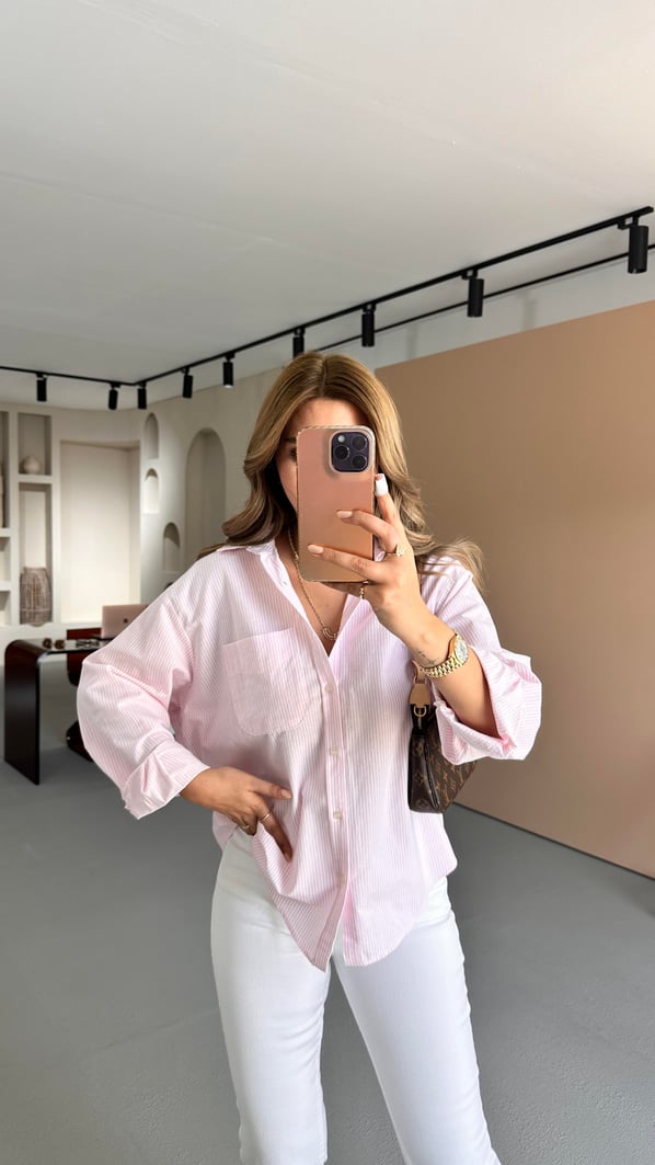 Çizgili Pembe Oversize Gömlek