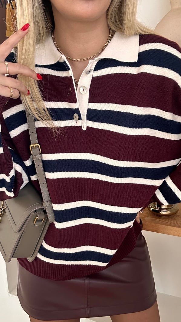 Çizgili Polo Yaka Bordo Triko
