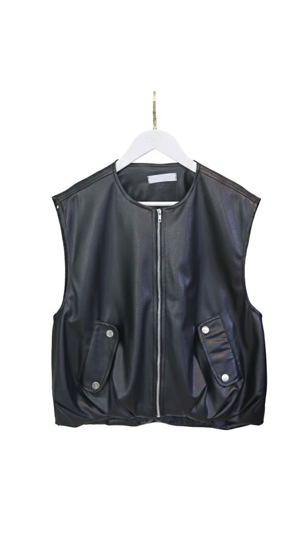 Fermuarlı Siyah Deri Yelek