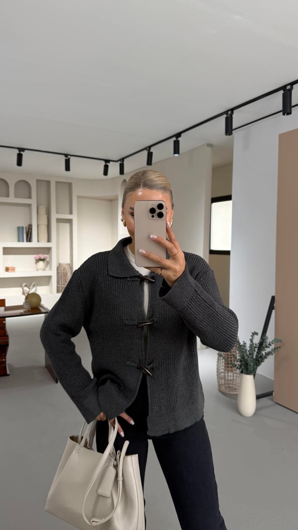 Premium Seri Kordon İlikli Selanik Örgü Antrasit Hırka