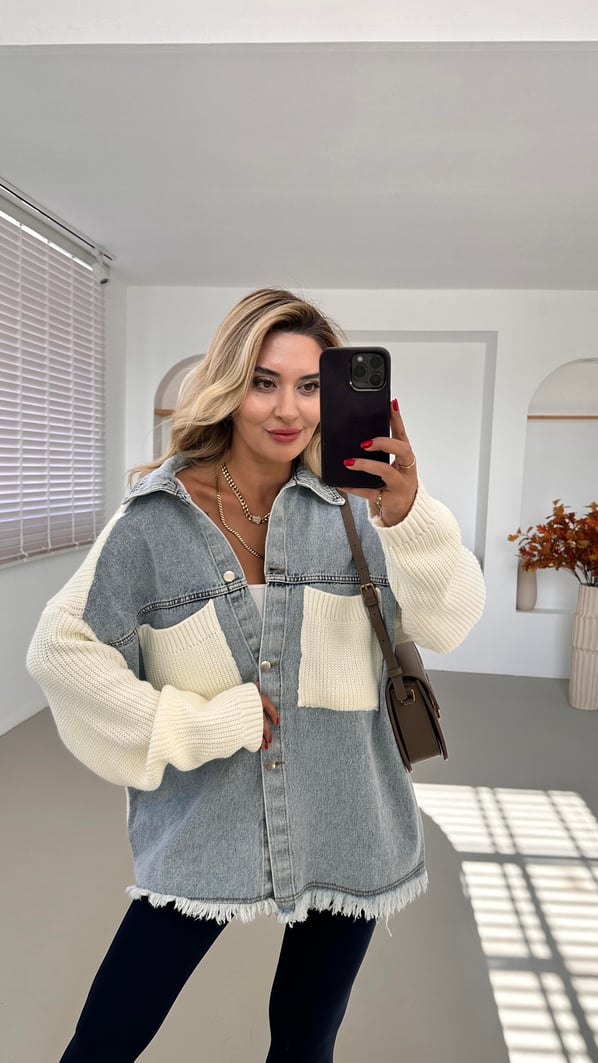 Denim Detay Cepli Oversize Ekru Hırka