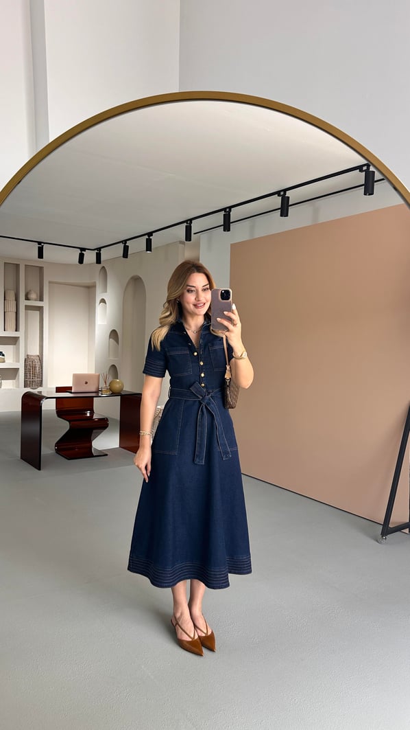 Dikiş Detay Yarım Kol Lacivert Çan Denim Elbise