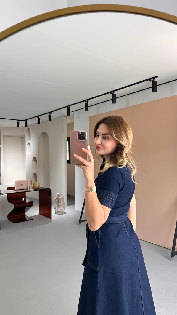 Dikiş Detay Yarım Kol Lacivert Çan Denim Elbise