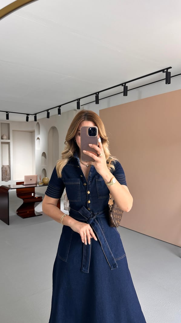 Dikiş Detay Yarım Kol Lacivert Çan Denim Elbise