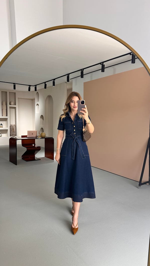 Dikiş Detay Yarım Kol Lacivert Çan Denim Elbise