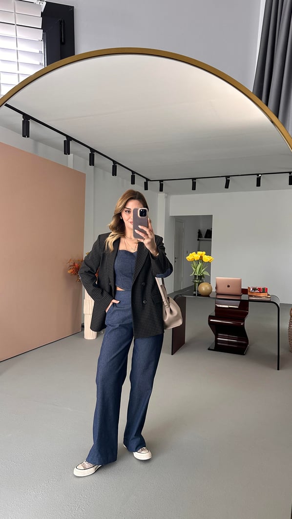 Dirsek Denim Yamalı Ekose Blazer Ceket