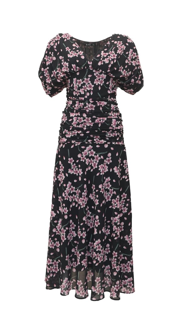 Drape Detay Çiçek Desen Siyah Şifon Elbise