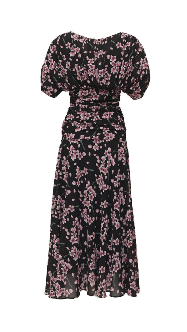 Drape Detay Çiçek Desen Siyah Şifon Elbise