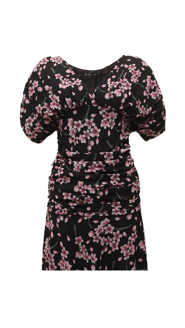 Drape Detay Çiçek Desen Siyah Şifon Elbise