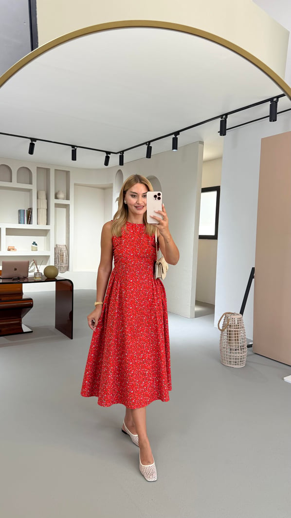 Drape Detay Çıtır Desen Kırmızı Poplin Elbise