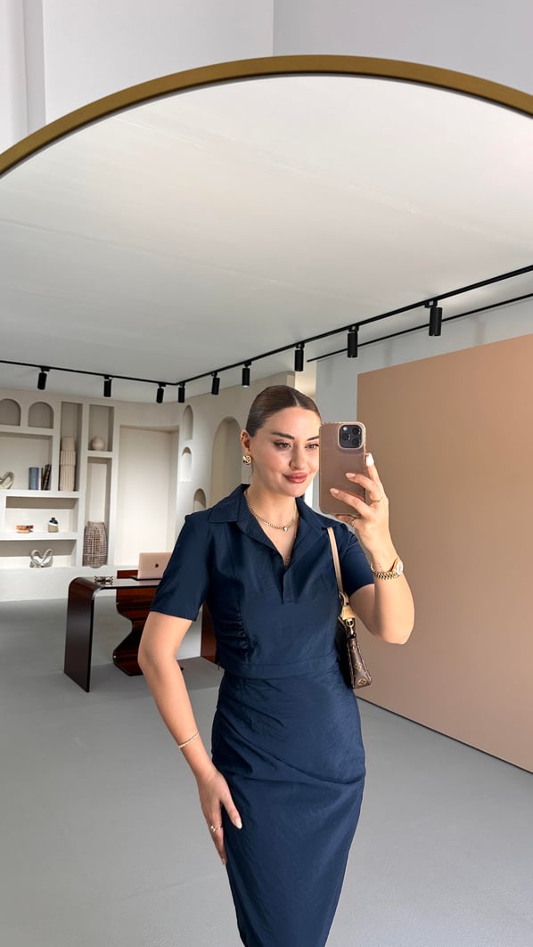 Drape Detay Crop Etek Lacivert Takım