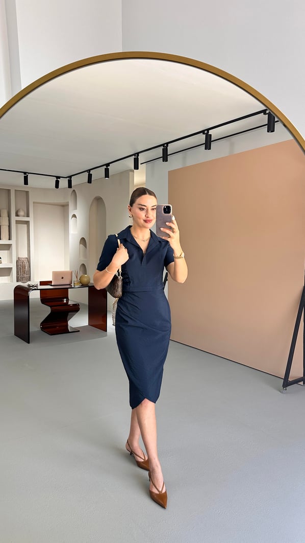 Drape Detay Crop Etek Lacivert Takım