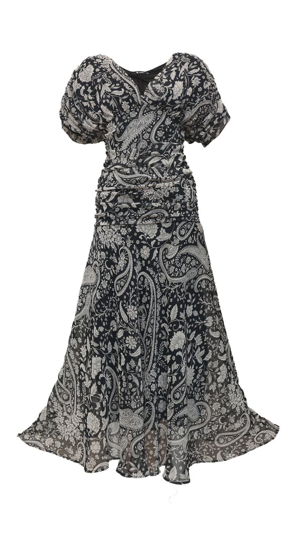 Drape Detay Desenli Siyah Şifon Elbise