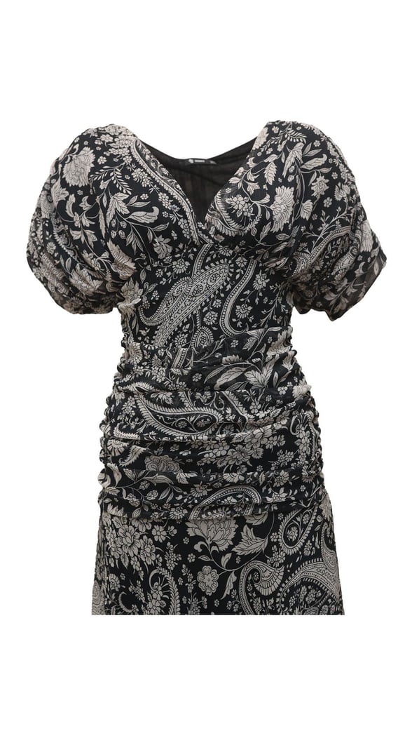 Drape Detay Desenli Siyah Şifon Elbise